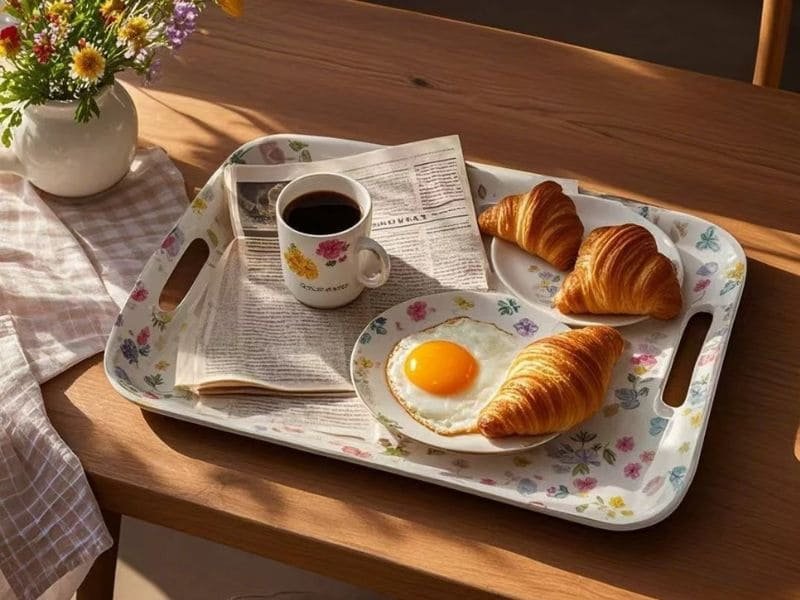 Floral Melamine Handled Tray With Coffee, Egg and Croissant Breakfast Setting