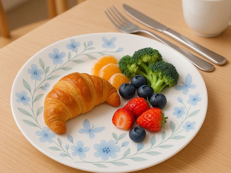 Custom Floral design plate featuring blue flowers with a croissant and fresh fruits