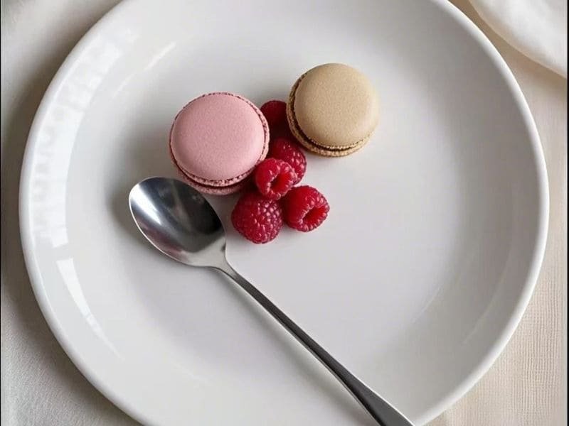 Custom Round white melamine plate with dessert and spoon