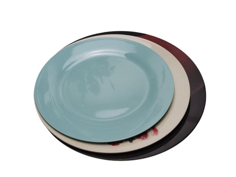 Custom Stack of three melamine dessert plates in blue, cream, and black colors