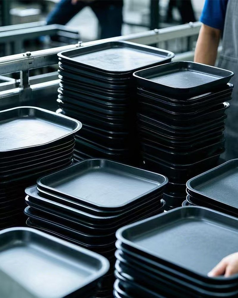 Stacked, good-quality melamine trays