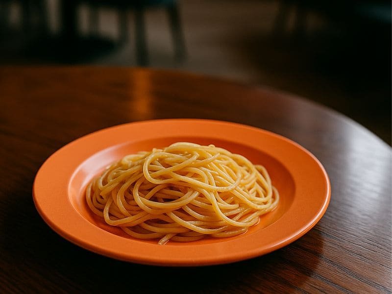Custom Bright orange melamine pasta bowl filled with spaghetti on wooden table