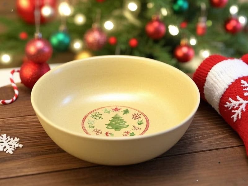 Christmas melamine bowl with festive tree and snowflake design, perfect for holiday serving.