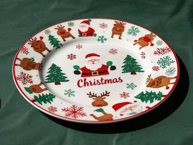 Custom Christmas melamine plate with Santa Claus, reindeer, trees and snowflakes - Duramela