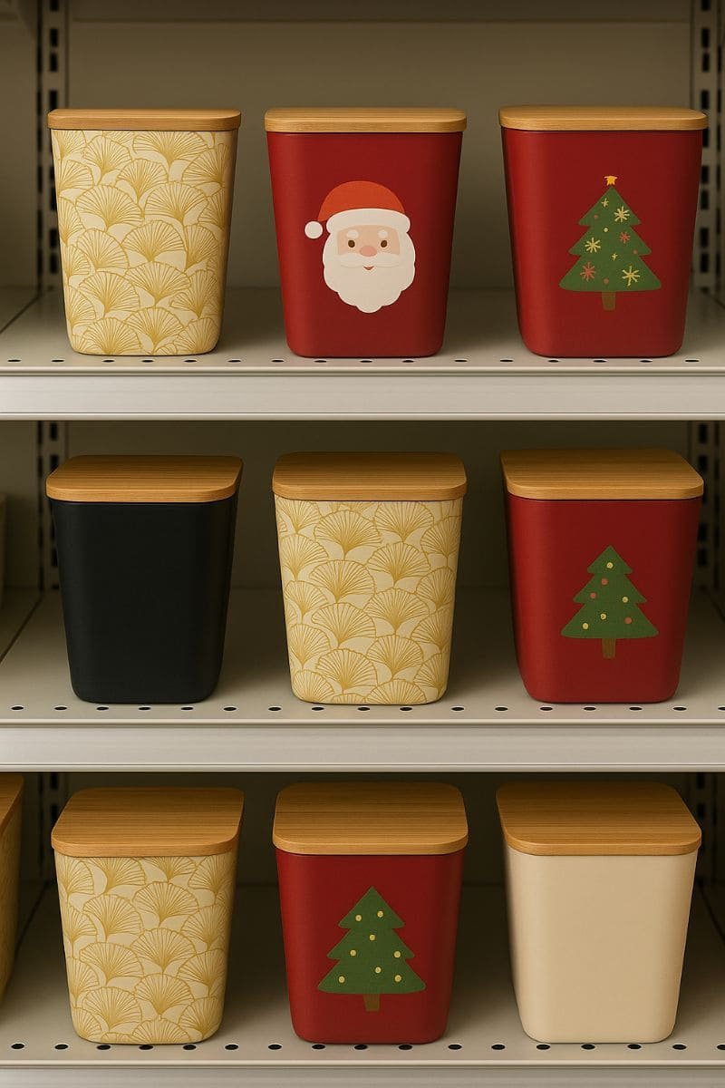 Christmas-themed bamboo lid jars with Santa and tree prints, displayed on retail shelves