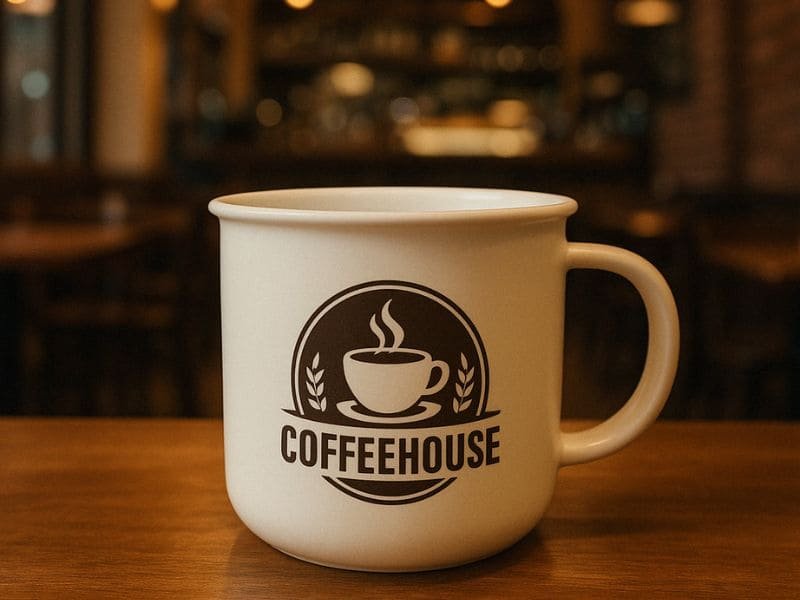Classic cream melamine mug with coffeehouse logo, ideal for cafes and restaurants
