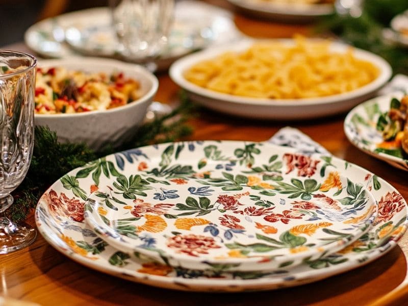 Custom colorful floral melamine plate set displayed on a festive dining table