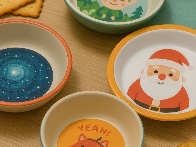 Custom Colorful kids bowls with Santa, galaxy, fox, and elf illustrations
