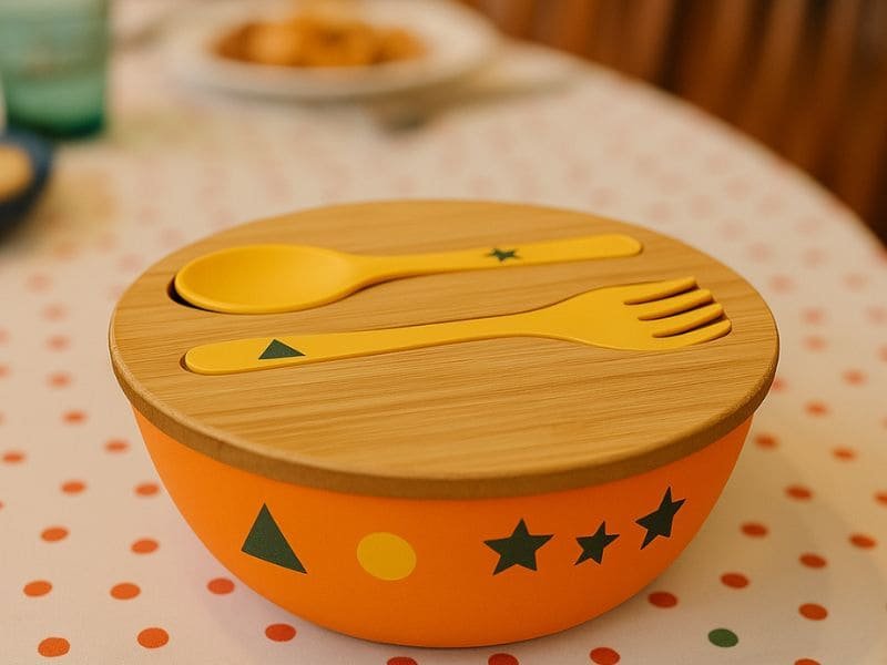 Custom Colorful melamine salad bowl with bamboo lid and utensils – perfect for kids meals