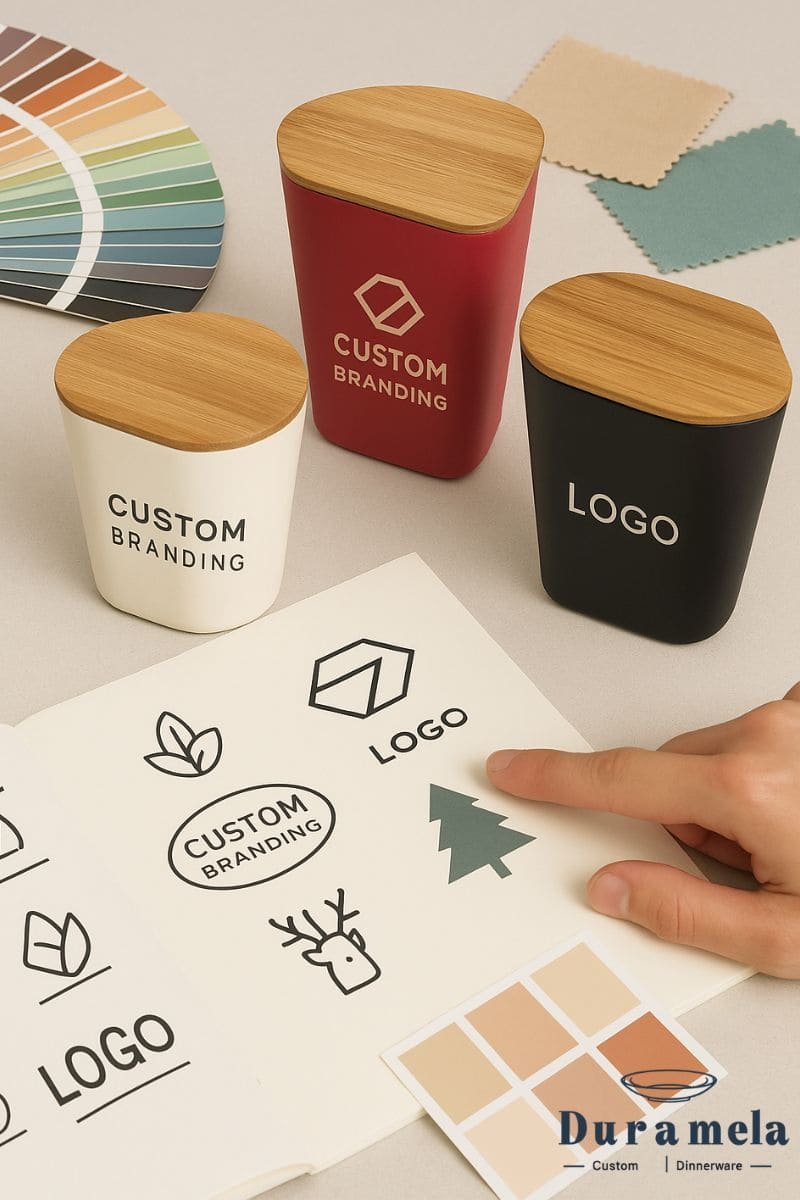 Custom branding bamboo jars with printed logos, surrounded by design mockups and color swatches