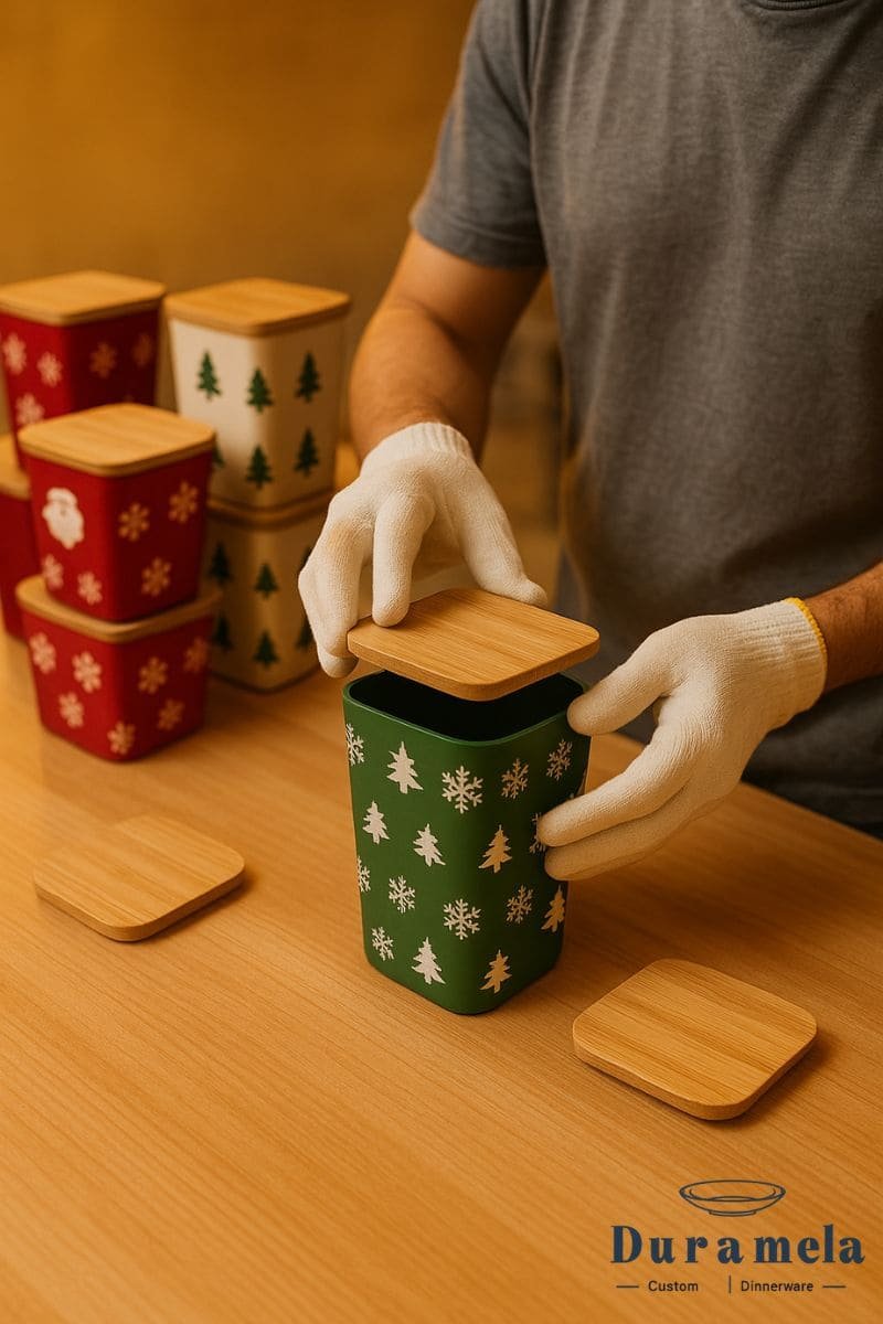 Custom printed green bamboo jar with white Christmas trees and snowflakes, bamboo lid being assembled in factory