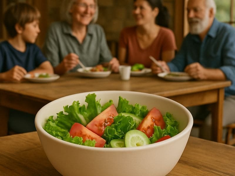 Family dinner with salad served in a bamboo melamine bowl