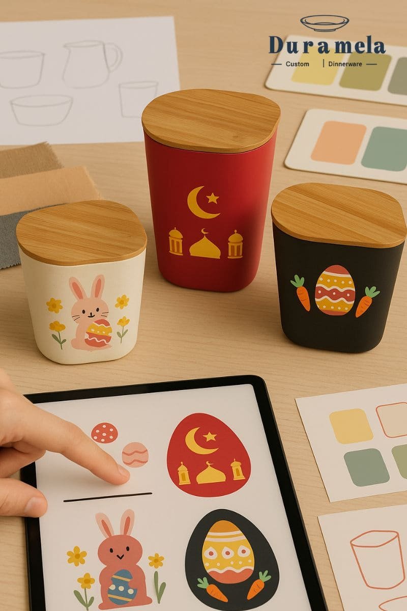 Festive bamboo lid jars with Eid, Easter, and bunny designs, custom artwork samples shown on tablet