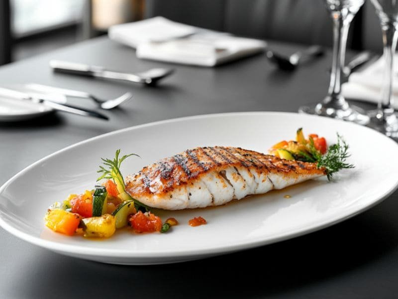 Custom Grilled fish and vegetables served on a white oval melamine plate in a restaurant setting