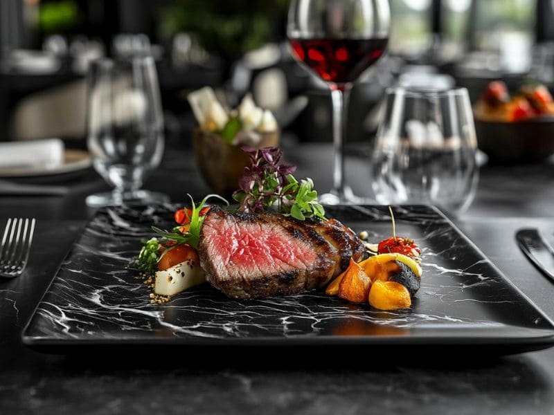Grilled steak on a square black marble melamine plate