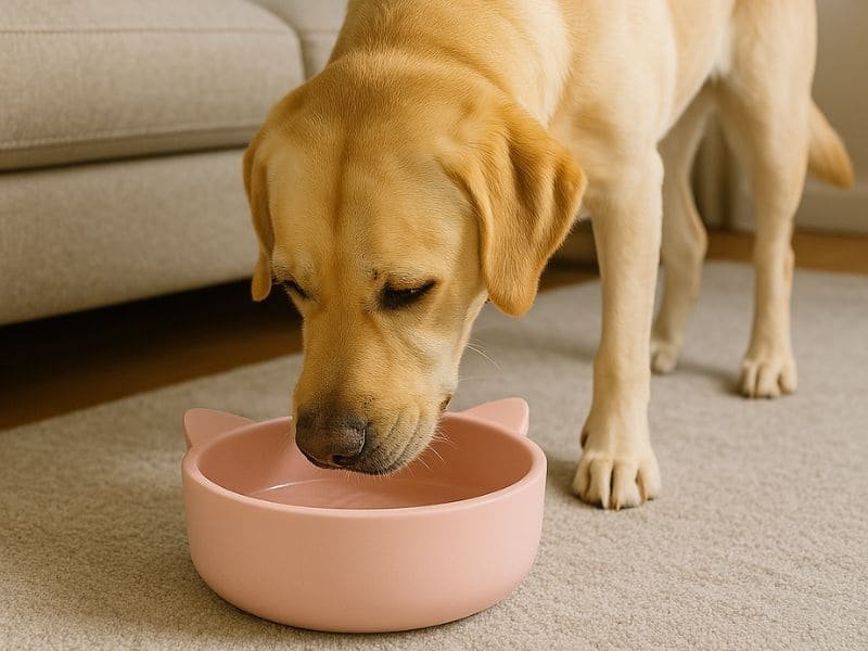 Labrador drinking from pink melamine dog bowl with ear-shaped design