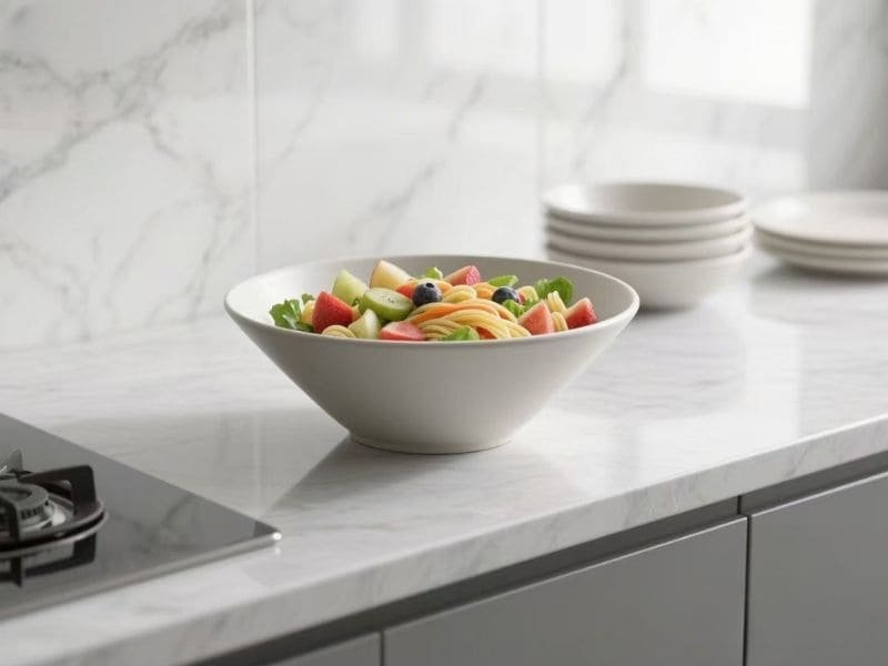 Large melamine bowl filled with fresh fruit salad on kitchen counter