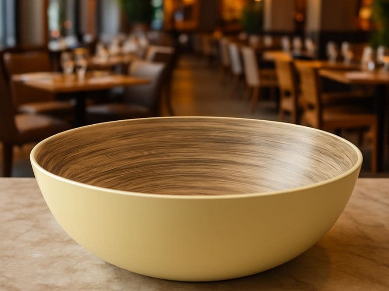 Custom large melamine serving bowl with wood grain interior, perfect for restaurants and buffets