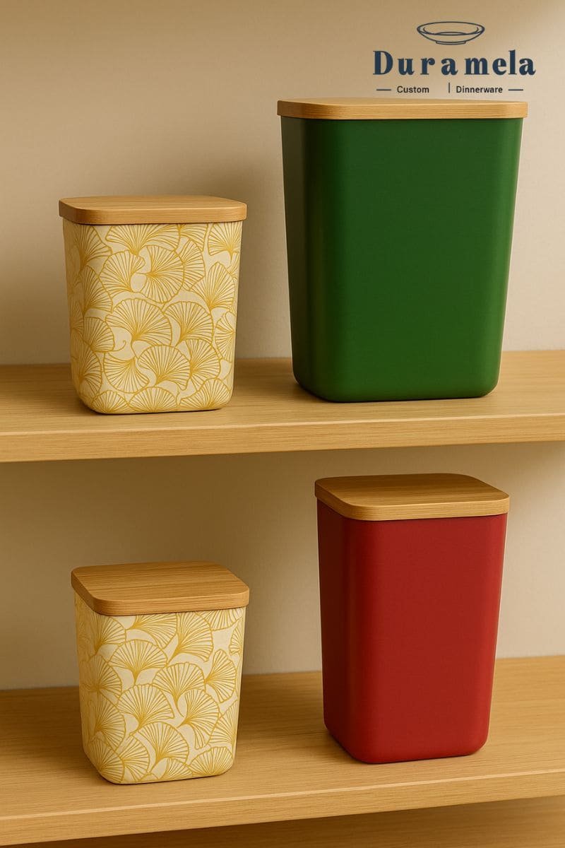 Matte finish bamboo jars with natural and festive prints in various sizes, placed on wooden shelves