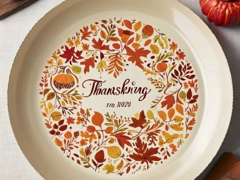 Custom Melamine Thanksgiving plate with autumn leaves wreath and Thanksgiving typography