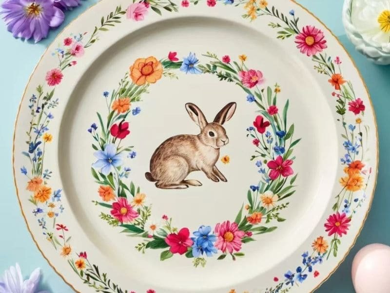 Custom round melamine Easter plate with a brown bunny and floral wreath - Duramela