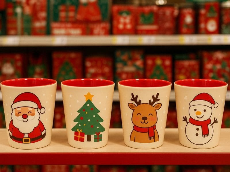 Set of melamine childrens cups with Christmas designs on supermarket shelf