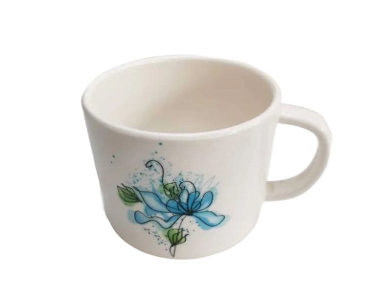 Single bamboo 230ml childrens cup with handle with blue floral design and handle