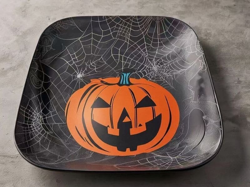 Square melamine Halloween plate with orange jack-o'-lantern and spider web design