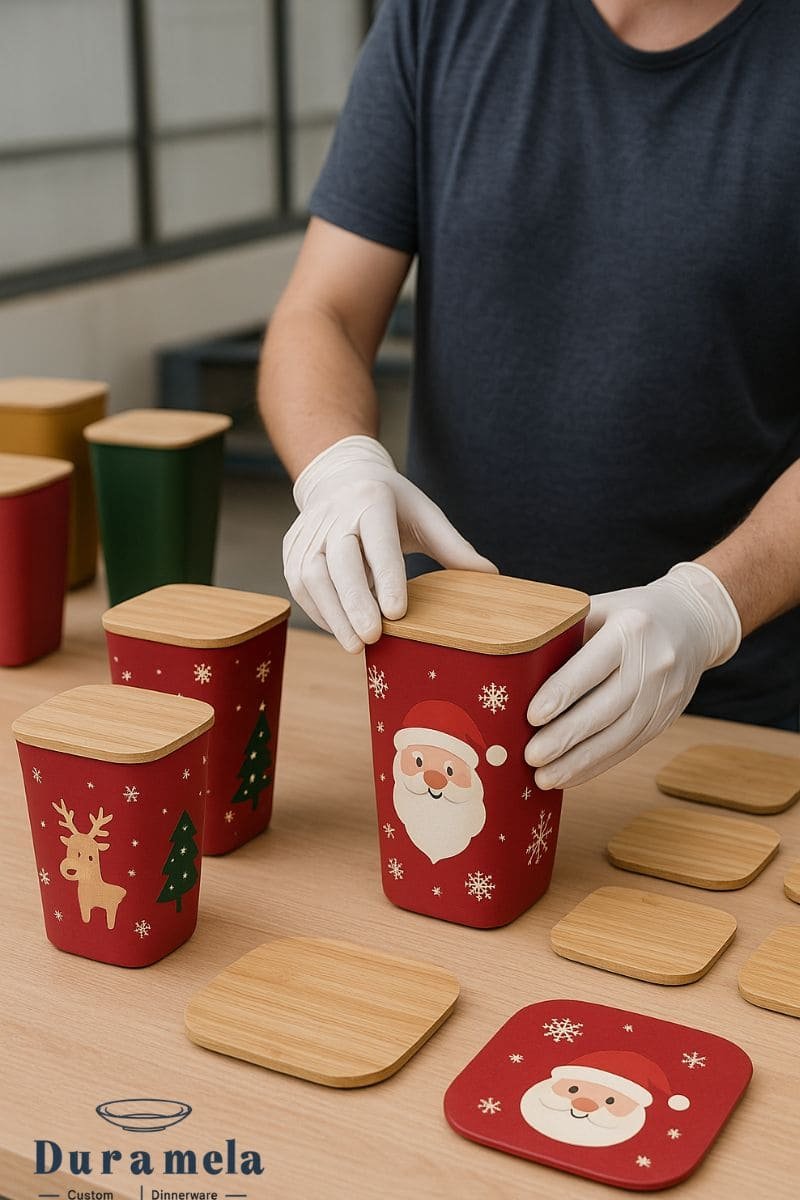 Worker assembling red bamboo lid jar with Santa design, surrounded by lids and finished holiday jars