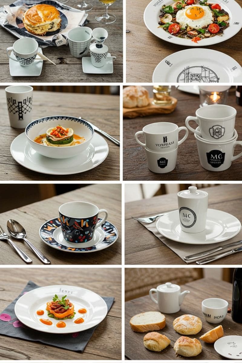Assorted melamine hotel dinnerware with logos and unique printed cup designs
