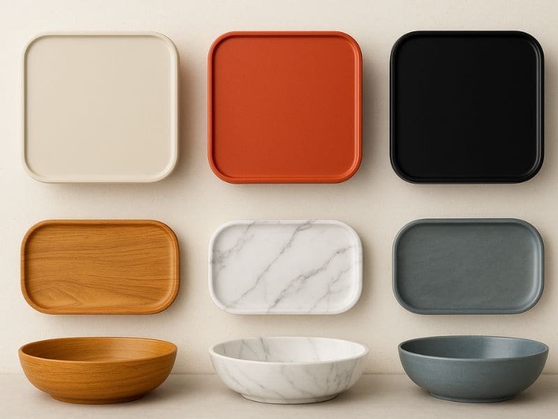 Assorted melamine trays and bowls in modern styles including marble, wood grain, and matte black