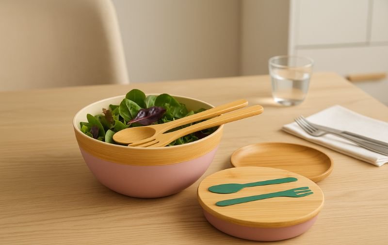 Bamboo Fiber Salad Bowl Set with Salad Bamboo Lid and Servers