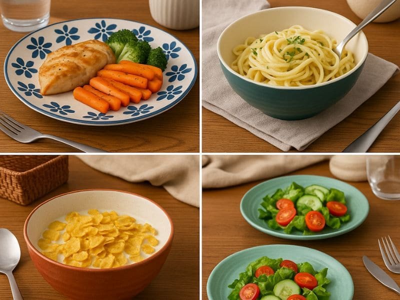 Colorful melamine dinnerware set with salad, chicken, and pasta on wooden table
