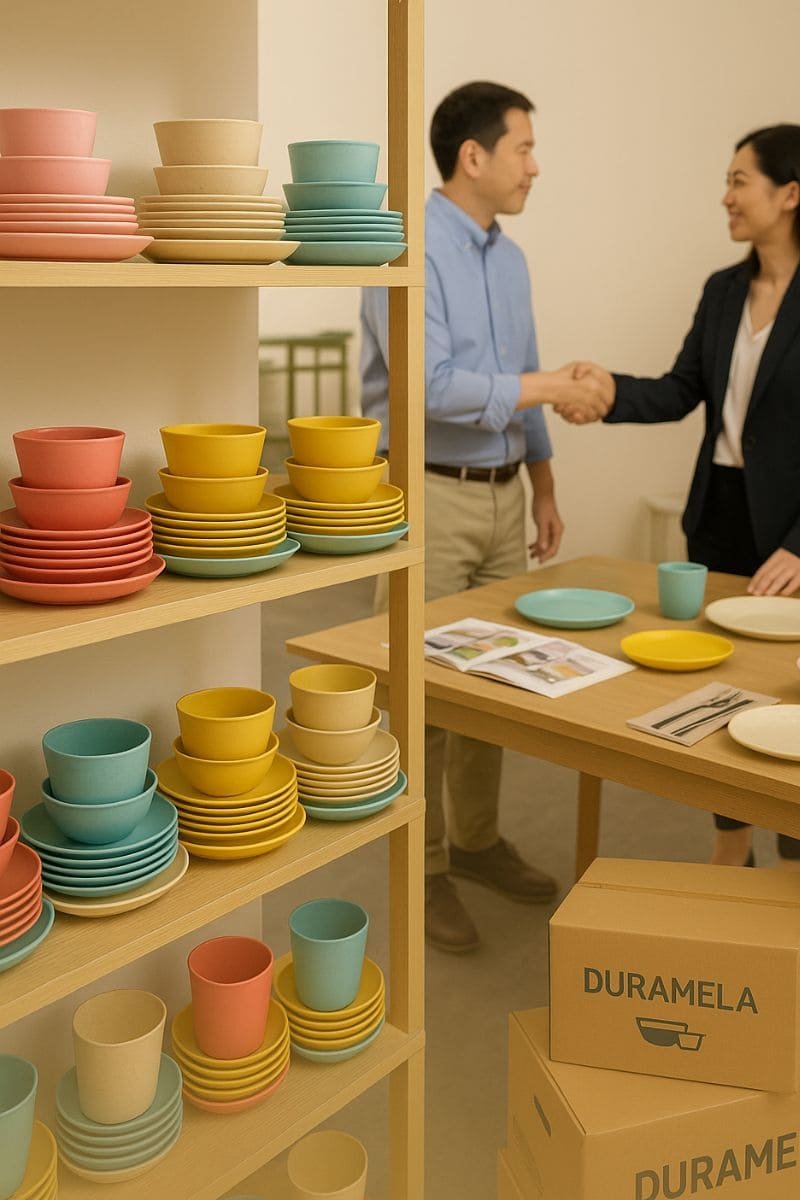 Colorful stackable melamine dinnerware sets on display in a wholesale showroom
