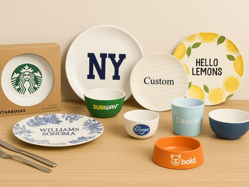 Custom branded melamine bowls and plates featuring logos like Subway, Kroger, and Starbucks