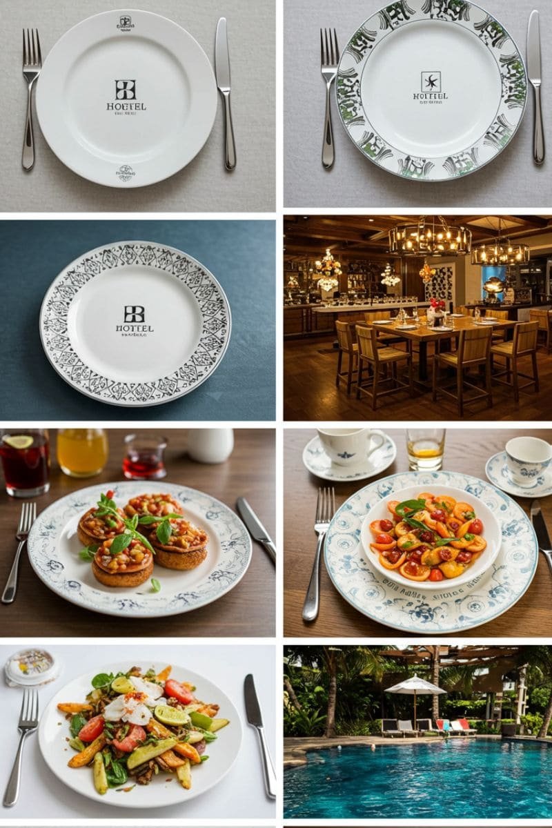 Custom hotel melamine dinner plates with printed logos and decorative borders