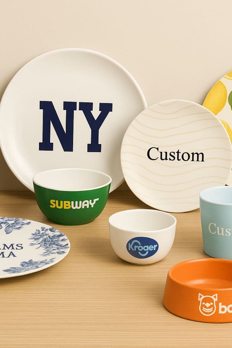 Custom printed melamine plates and bowls for personalized home or brand use