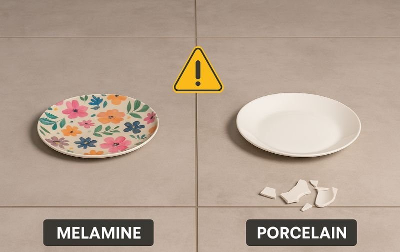 Drop test scenario (melamine plate intact vs porcelain broken)