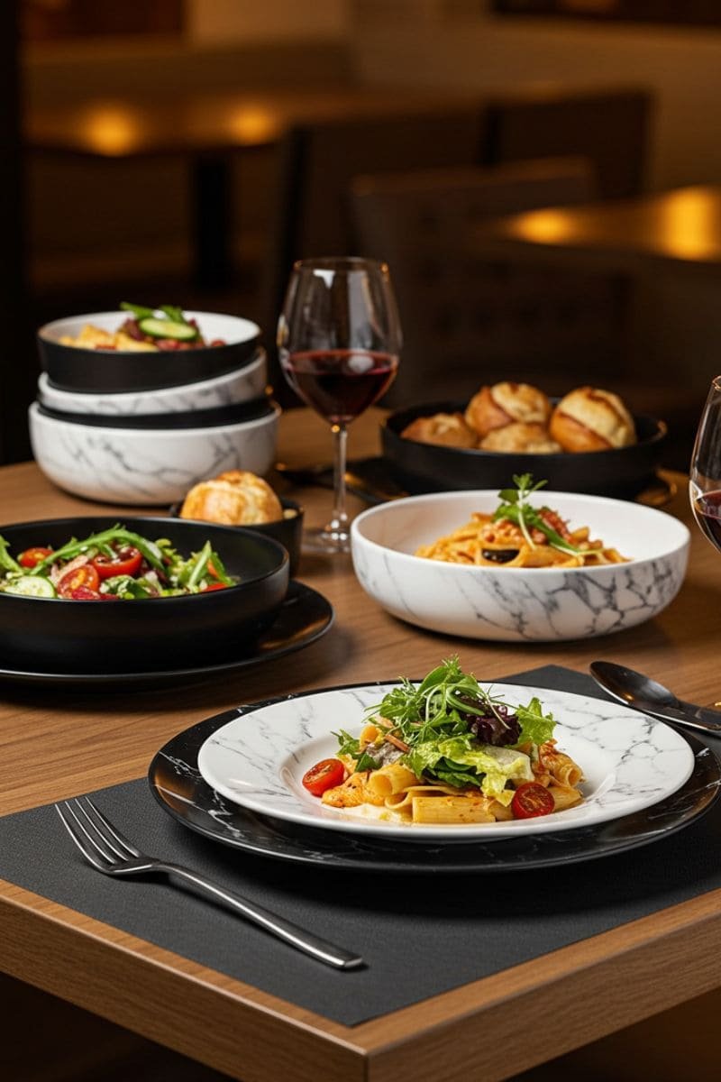 Elegant restaurant scene featuring black and white marble melamine plates and bowls with gourmet dishes.