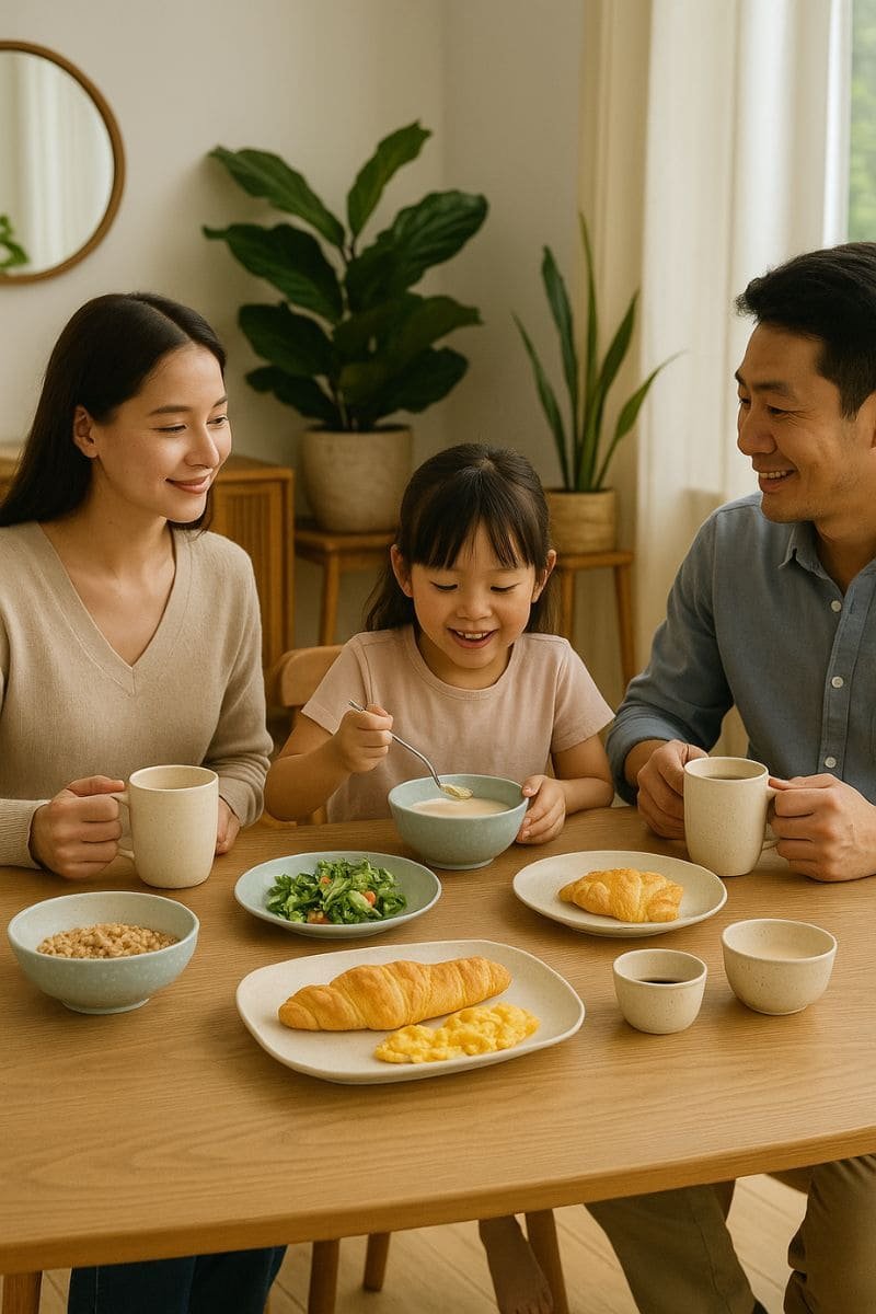 Family enjoying breakfast with minimalist melamine dinnerware in a cozy home setting