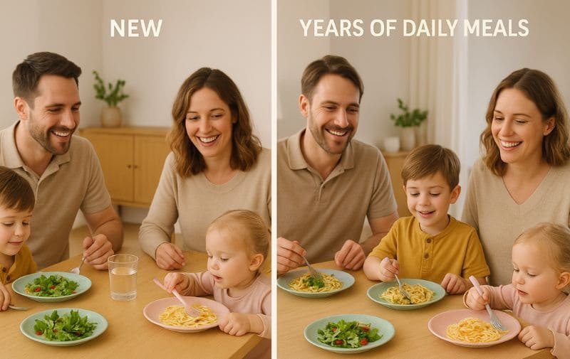 Family using new and years-old melamine plates, both still vibrant after daily meals