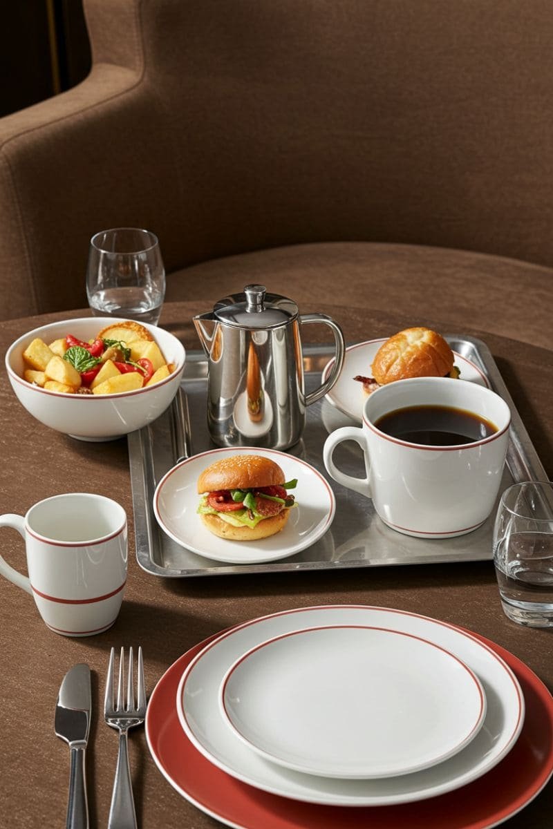 Hotel breakfast set with melamine plates, mugs, and bowls on a metal tray