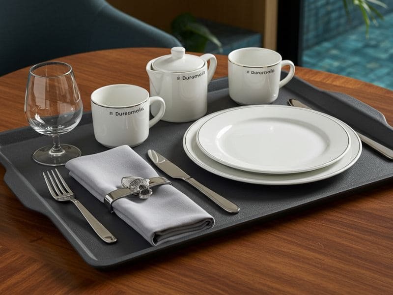 Hotel tray setup with branded white melamine dishes and tea set