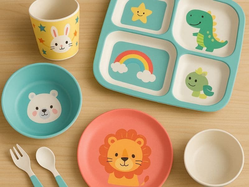 Kids melamine dinnerware set with cute animal prints and divided plate
