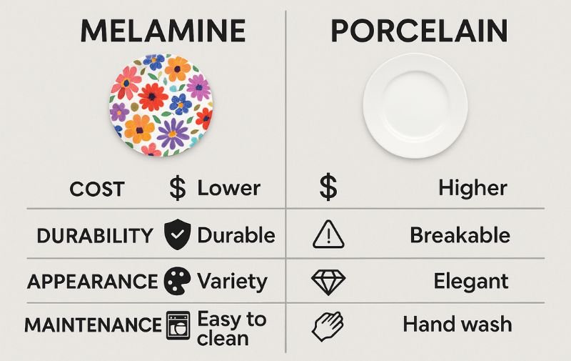 Melamine aand porcelain plate Price and everyday use comparison chart