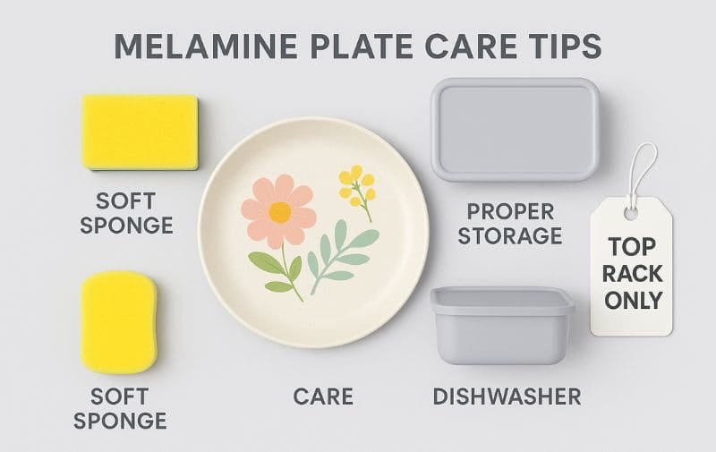Melamine plate care guide showing soft sponge, dishwasher, and top rack storage tips