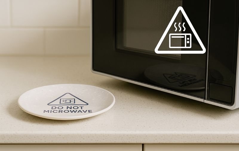Melamine plate labeled Do Not Microwave next to a microwave oven