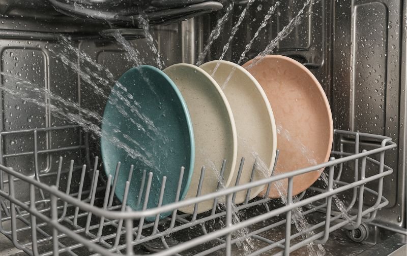 Melamine plates being rinsed clean in a dishwasher cycle