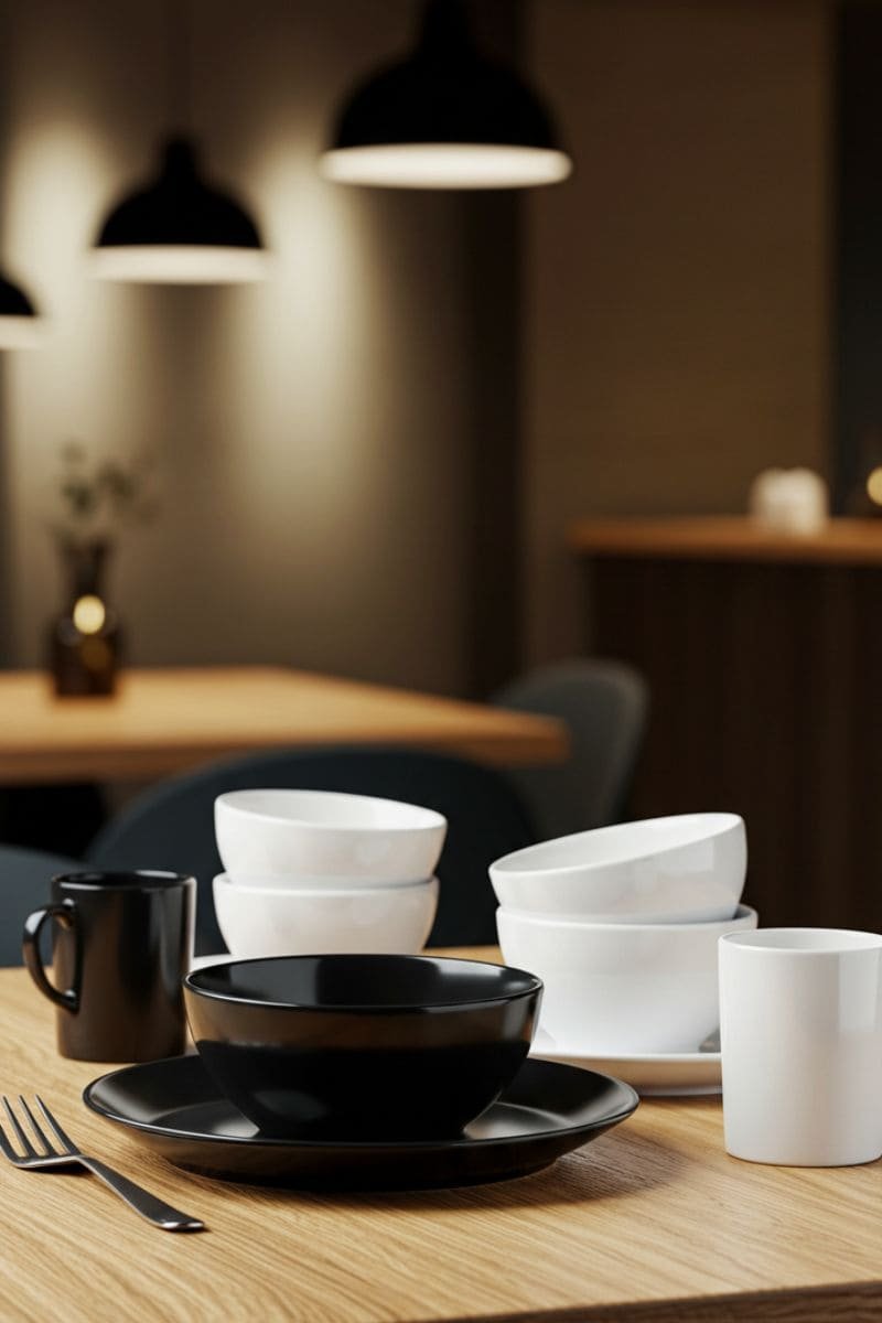 Minimalist restaurant setup with black and white melamine bowls and plates on a wooden table.