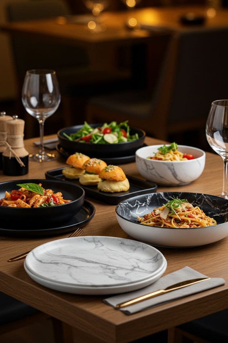 Modern restaurant table setting with marble and black melamine dinnerware serving pasta and salad.